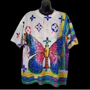 AZI EUC Artsy Bling Butterfly Print Lightweight Crewneck Sweater Shirt Size M